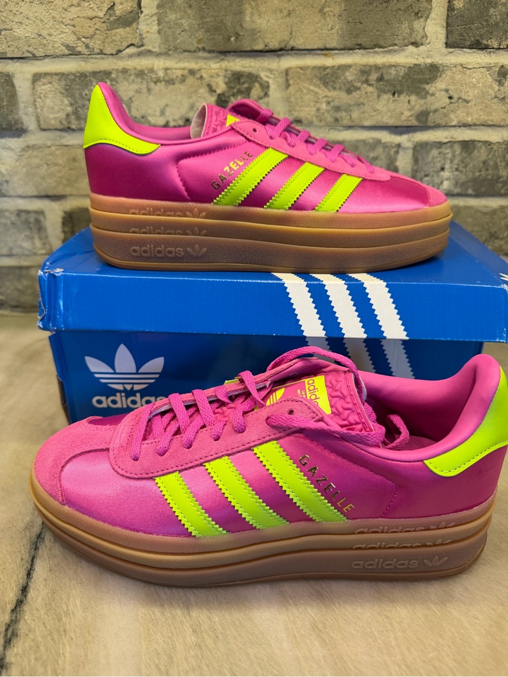 adidas Gazelle Platform Sneakers in Hot Pink with Neon Yellow Accents